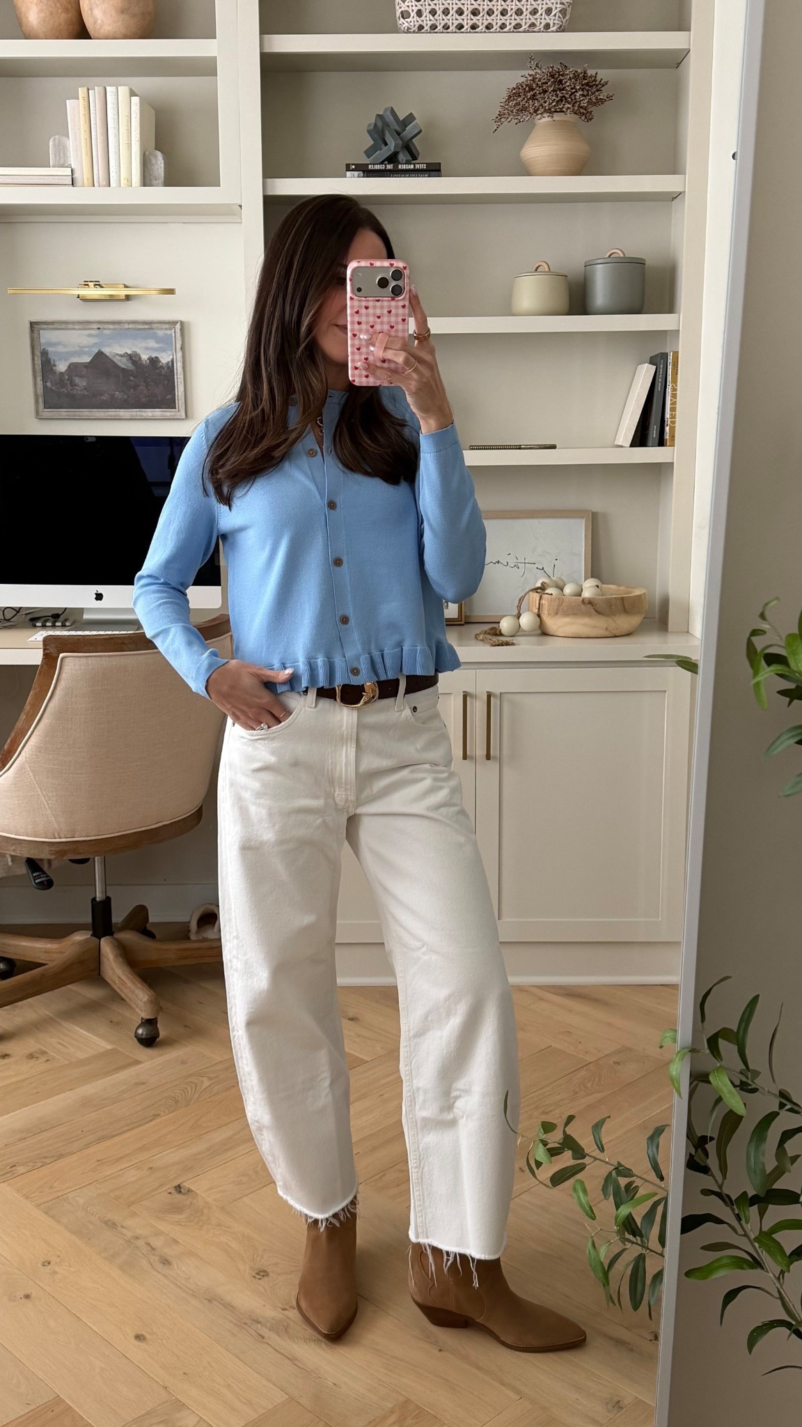 Target ruffle cardigan 😍 sized up to a M
Jeans are tts (27) 
Boots: tts 



#LTKSeasonal #LTKootd #LTKWorkwear