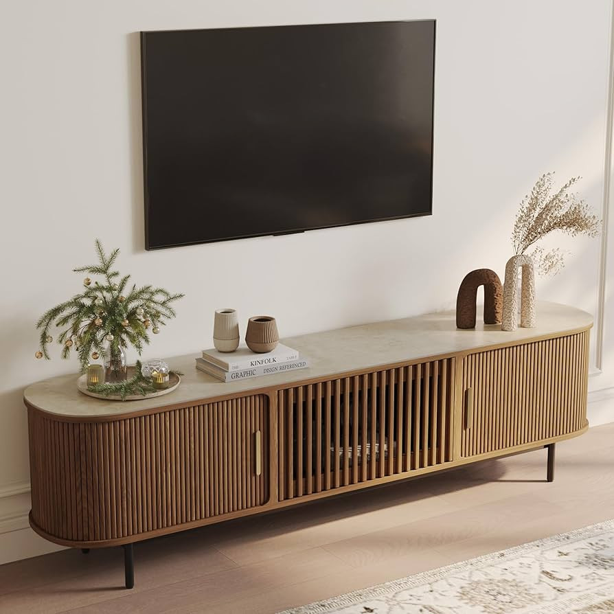 POVISON Sliding Tambour Door TV Stand, Mid Century Modern Sintered Stone TV Console, Wood Media C... | Amazon (US)