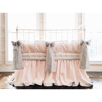 Baby Girl Crib Bedding Set, Pink & Gray Bedding, Ruffled Skirt Bumper Large Bows, Nursery | Etsy (US)