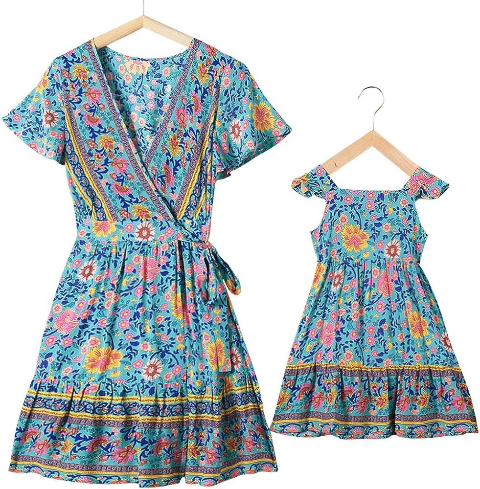 Mommy and Me Dresses Bohemian Maxi Dress Floral Ruffles Short Dress Matching Outfits | Amazon (US)