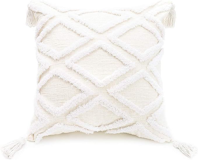 PLWORLD Boho White Throw Pillow Cover 18x18 Inch with Tassels, Moroccan Tufted Decorative Cream C... | Amazon (US)