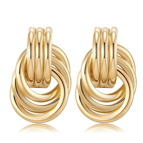 14K Gold Plated Chunky Gold Earrings for Women Knot Link Circle Geometric Drop Dangle Earrings St... | Amazon (US)