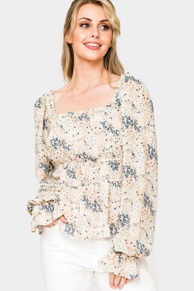 Square Neck Smocked Waist Long Sleeve Blouse | Gibson