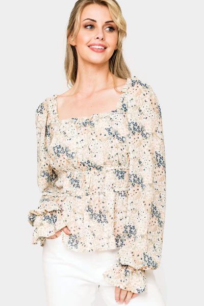 Square Neck Smocked Waist Long Sleeve Blouse | Gibson