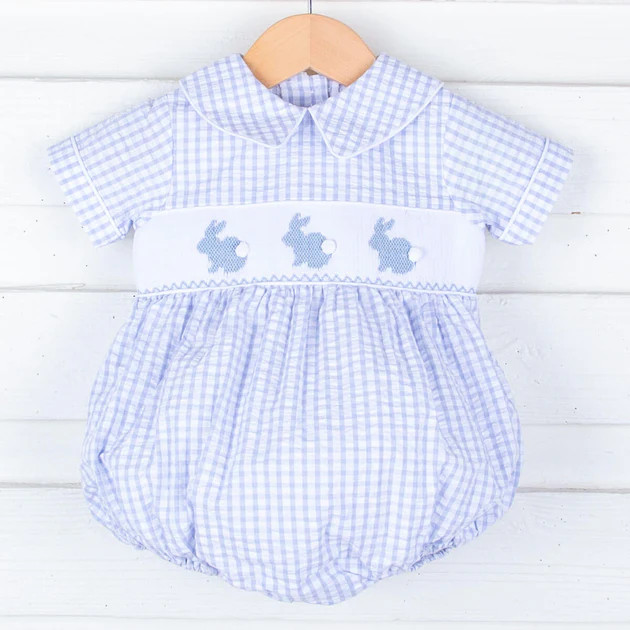Bunny Smocked Collared Light Blue Bubble | Classic Whimsy