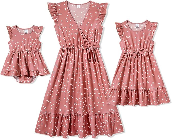 IFFEI Mommy and Me Dresses Outfits Family Matching Dots Pink Ruffle Flutter-Sleeve Dress for Moth... | Amazon (US)