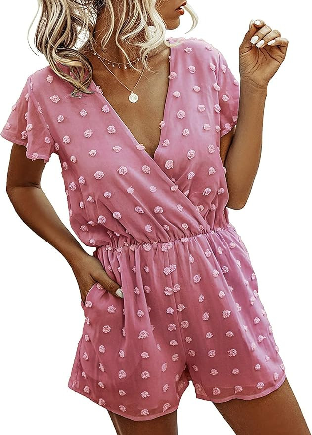 BTFBM Women Fashion Wrap V-Neck Swiss Dot Print Soft Short Sleeve Elastic Waist Plain Summer Shor... | Amazon (US)