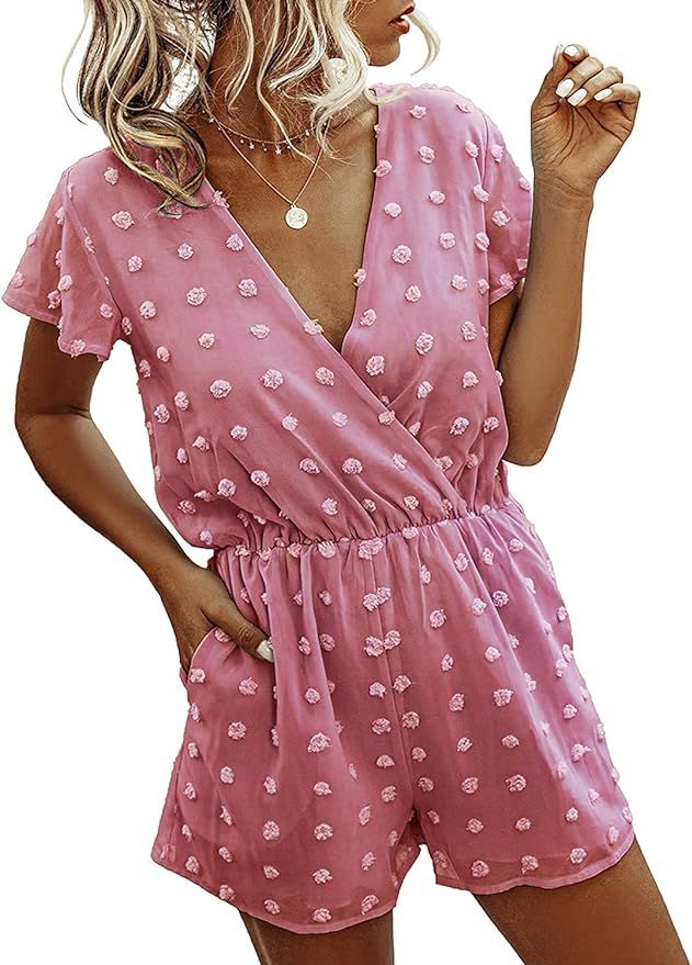 BTFBM Women Fashion Wrap V-Neck Swiss Dot Print Soft Short Sleeve Elastic Waist Plain Summer Shor... | Amazon (US)
