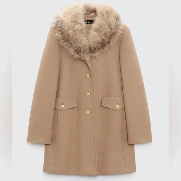 Zara Manteco Italian Fabric Wool Jacket Coat Removable Fur Collar Beige Brown | Poshmark