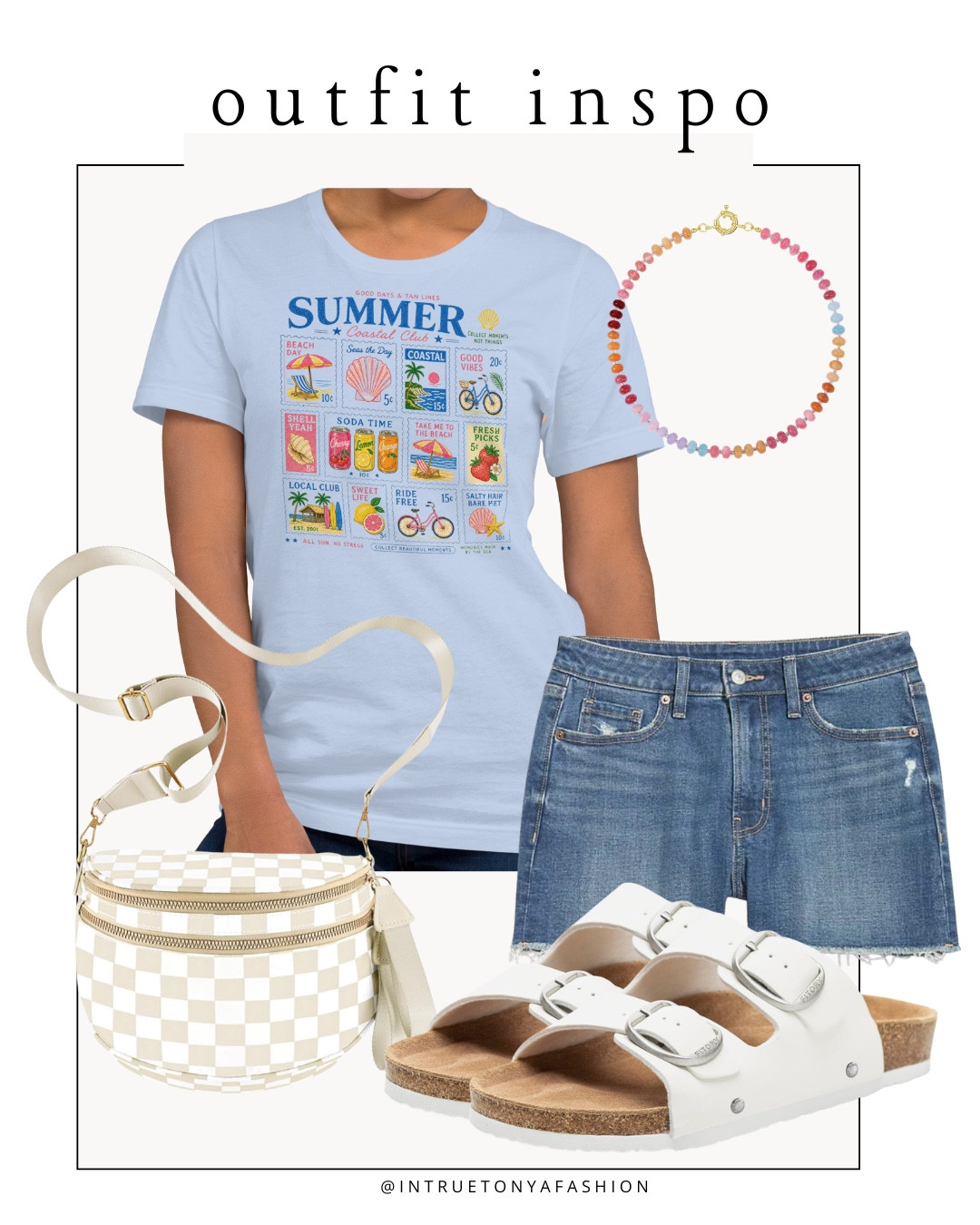 Summer graphic tee with denim shorts, checkered crossbody bag, white footbed sandals and beaded necklace




Amazon outfits, summer outfit inspo, outfit ideas, casual outfits amazon, amazon outfits every day, outfit ideas 2026, summer outfits, oversized graphic tee, Etsy graphic tee, coastal graphic tshirt

#LTKootd #LTKSaleAlert #LTKPetite