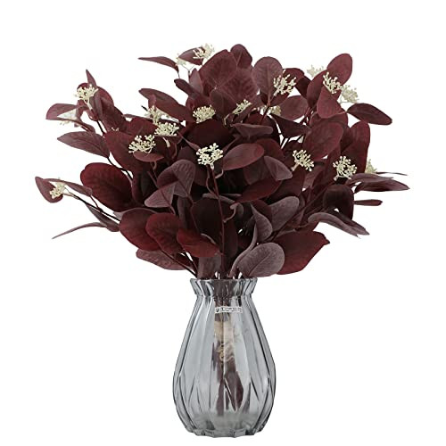 Rosscer 12Pcs Artificial Eucalyptus Stems, 20" Fake Silk Eucalyptu Leaves with Berries, Greenery Plants Floral Decorations for Boho Home Decor Flowers Arrangement Vase Party Wedding (Burgundy) | Amazon (US)