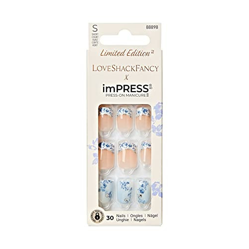 KISS LoveShackFancy x imPRESS Press-On Manicure Limited Edition, Style "Hydrangea Blue" Short Square Blue Press-On Nails, Includes Prep Pad, Mini Nail File, Cuticle Stick, & 30 Fake Nails | Amazon (US)