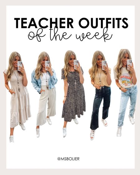 teacher outfits of the week!! 
everything true to size except for my sandals—they run big so I’d size down half! wearing size M in both dresses! wearing size M in my tops!
my tee from Friday is from Smile At The People!

| teacher outfits | teacher style | teacher fashion | work outfit | fall fashion

#LTKunder100 #LTKworkwear #LTKBacktoSchool