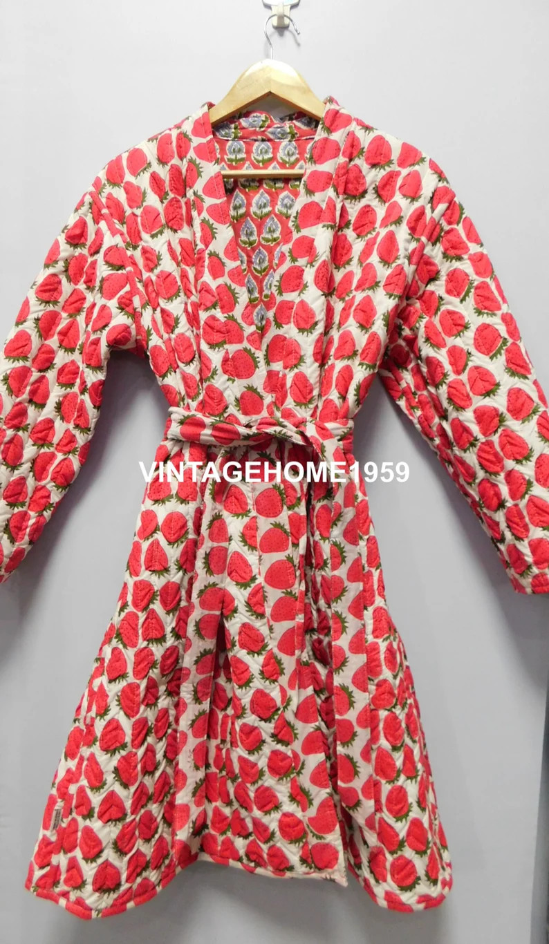 Strawberry Print Women Cotton Quilted Robe, Bridesmaid Reversible Kimono, Block Printed Quilted C... | Etsy (US)