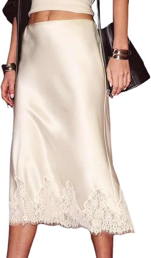 Yimoon Satin Skirts for Women Silk Midi Skirt Lace Trim Flowy Cocktail Party A Line Skirt | Amazon (US)