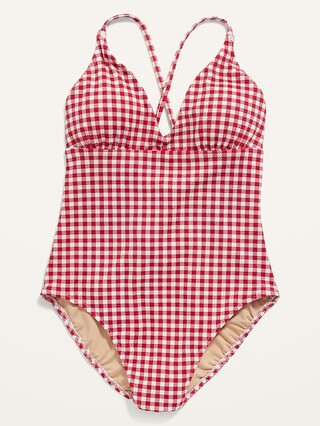 V-Neck Gingham Piqué One-Piece Swimsuit for Women | Old Navy (US)