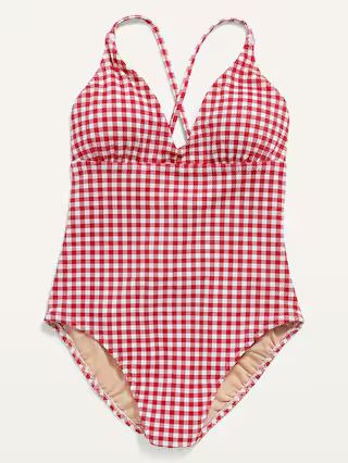 V-Neck Gingham Piqu&#xE9; One-Piece Swimsuit for Women | Old Navy (US)