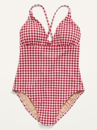 V-Neck Gingham Piqu&#xE9; One-Piece Swimsuit for Women | Old Navy (US)