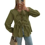 PRETTYGARDEN Women's Spring Fall Babydoll Peplum Blouse Shirt Puff Long Sleeve Bow Tie Front Tren... | Walmart (US)