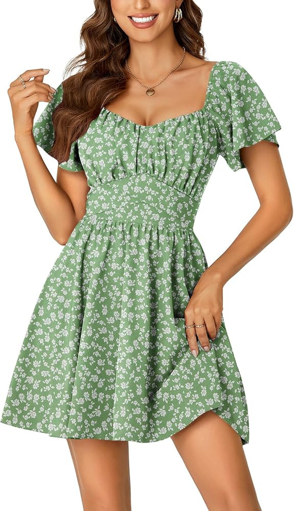 Rooscier Women's Tie Back Square Neck Wrap Ruffle Short Sleeve Flare Mini Dress | Amazon (US)