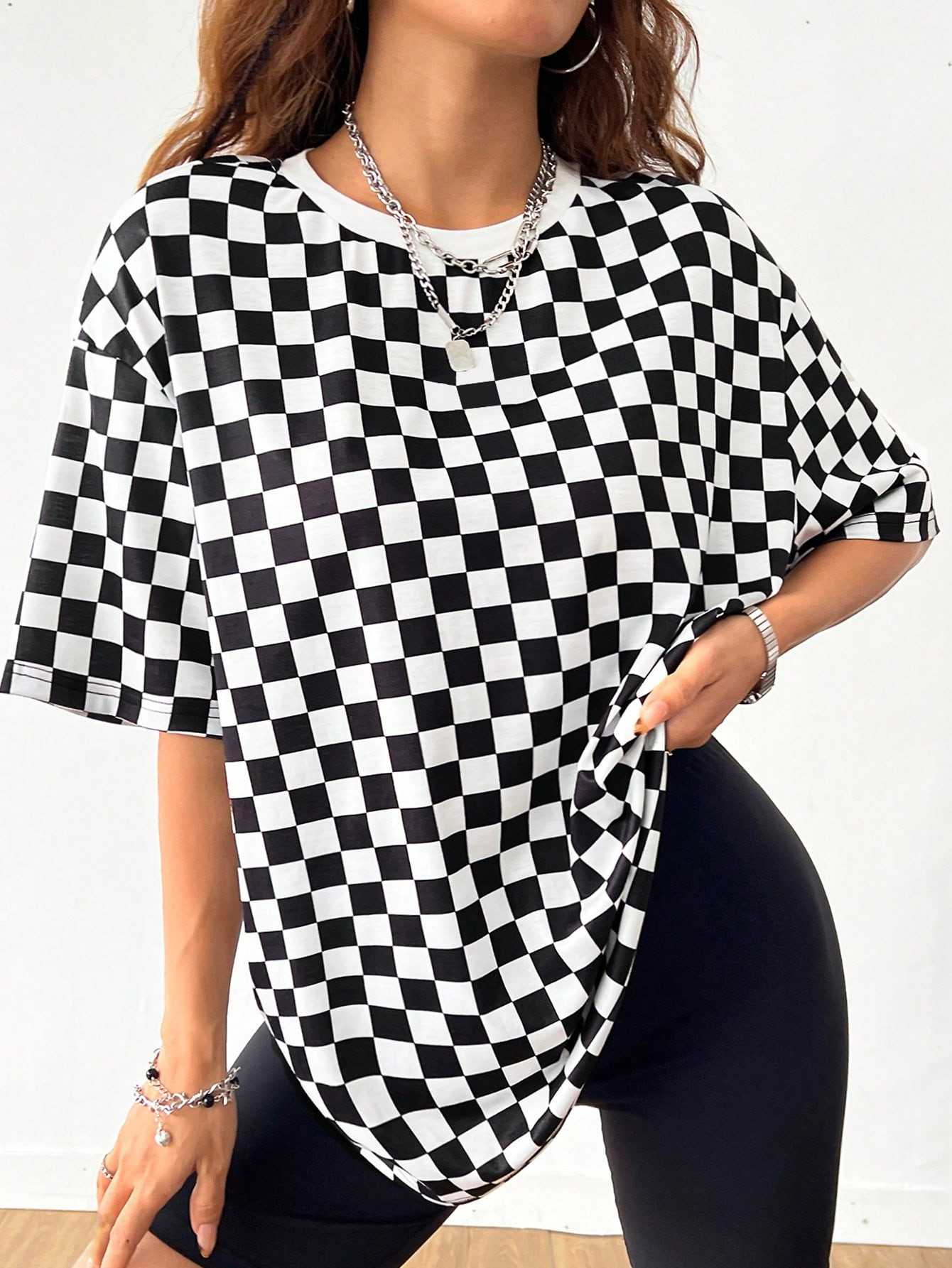 SHEIN Coolane Plus Size Women Casual Simple Checkered Full Print Round Neck Short Sleeve T-Shirt,... | SHEIN