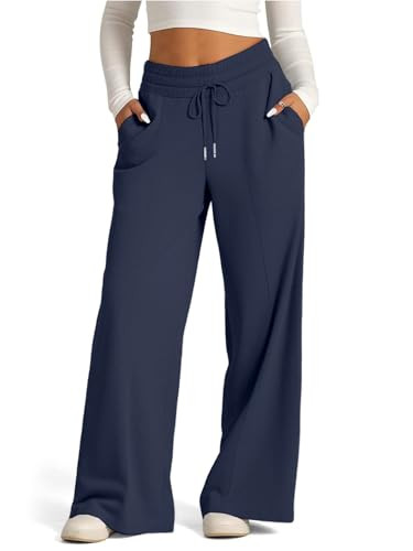 SOFIA'S CHOICE Women's Wide Leg Sweatpants Drawstring High Waisted Pants with Pockets Jogger Navy Blue Large | Amazon (US)
