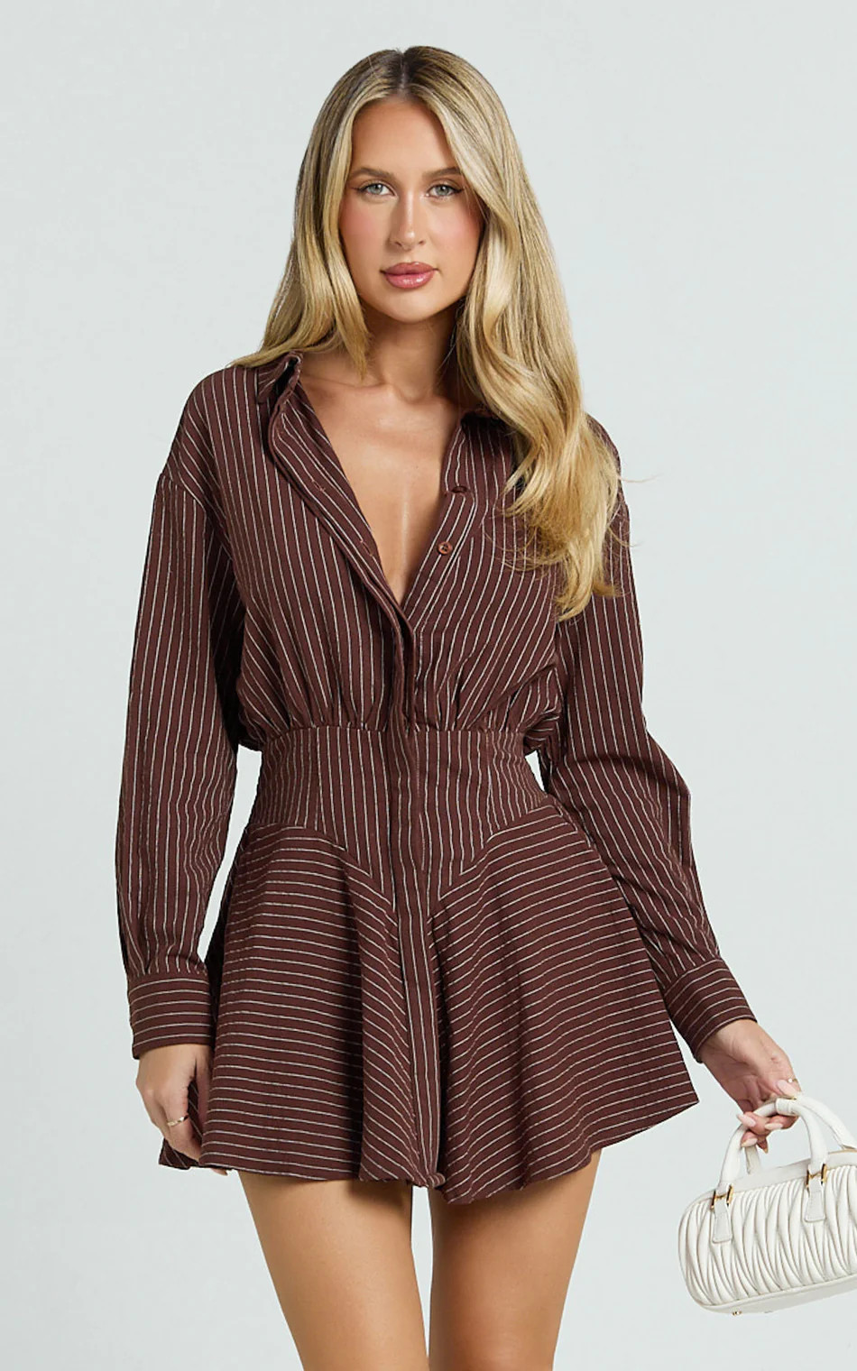Whitney Mini Dress - Linen Long Sleeve Shirt Dress in Chocolate Pinstripe | Showpo (US, UK & Europe)