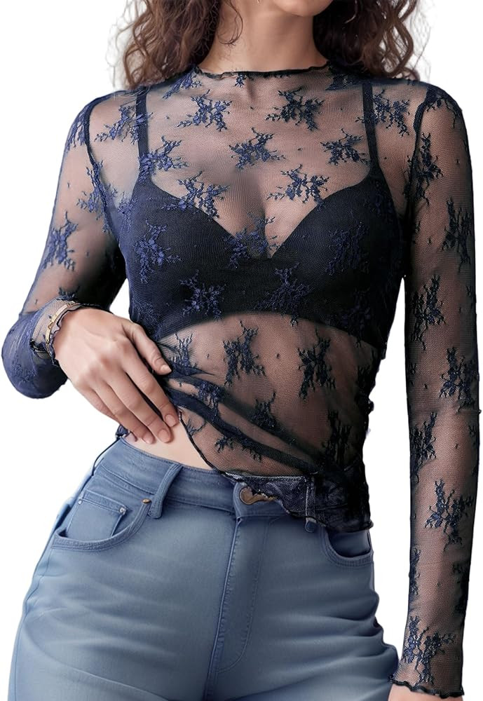 Girece Lace Tops for Women Long Sleeve Mock Neck Mesh Top Sexy Sheer Shirts See Through Floral Bl... | Amazon (US)