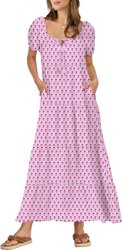 ANRABESS Women's Boho Maxi Dresses 2025 Summer Casual Floral Puff Short Sleeve Tie Front Flowy Sw... | Amazon (US)