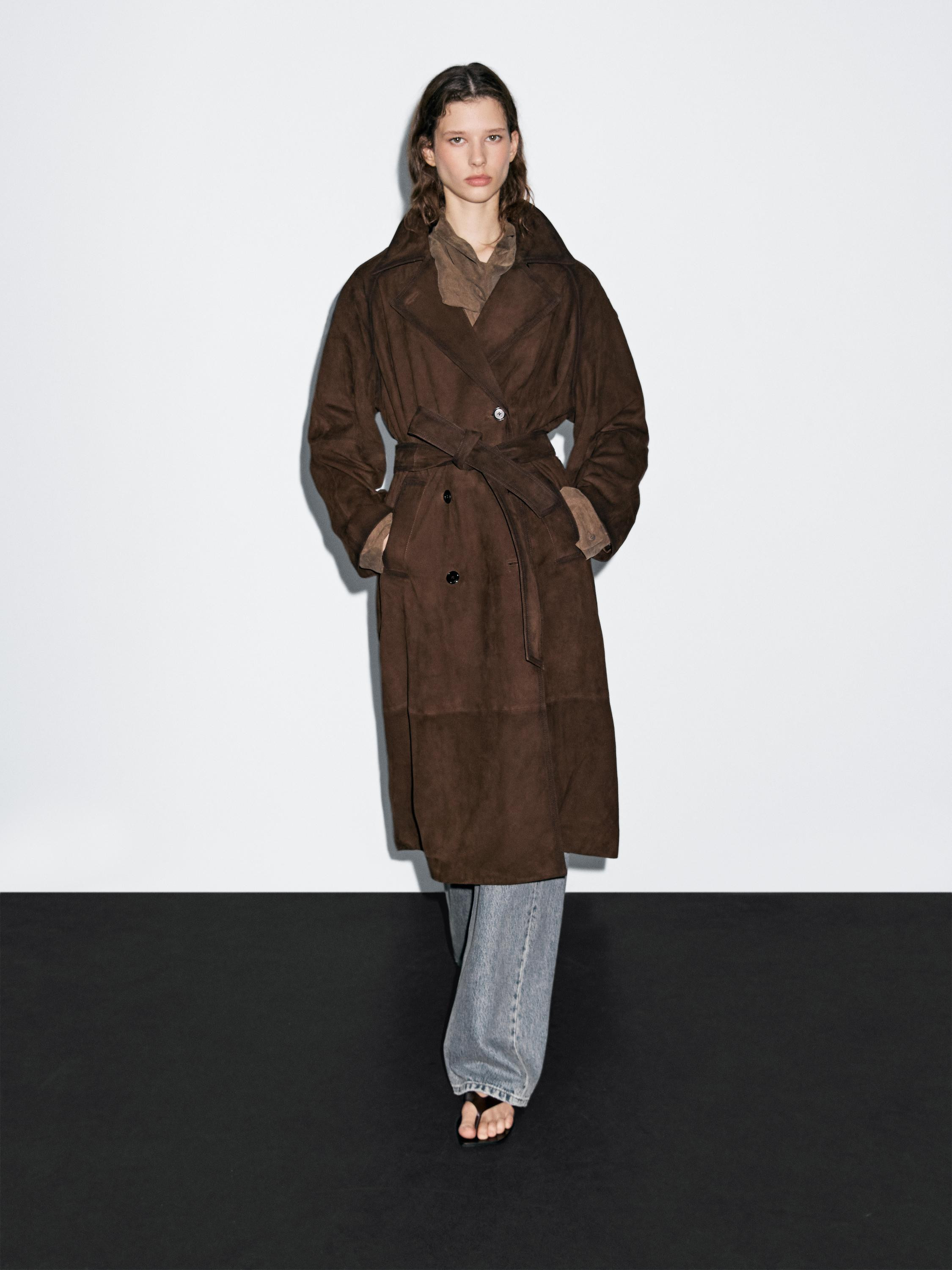 Long suede leather trench coat | Massimo Dutti US