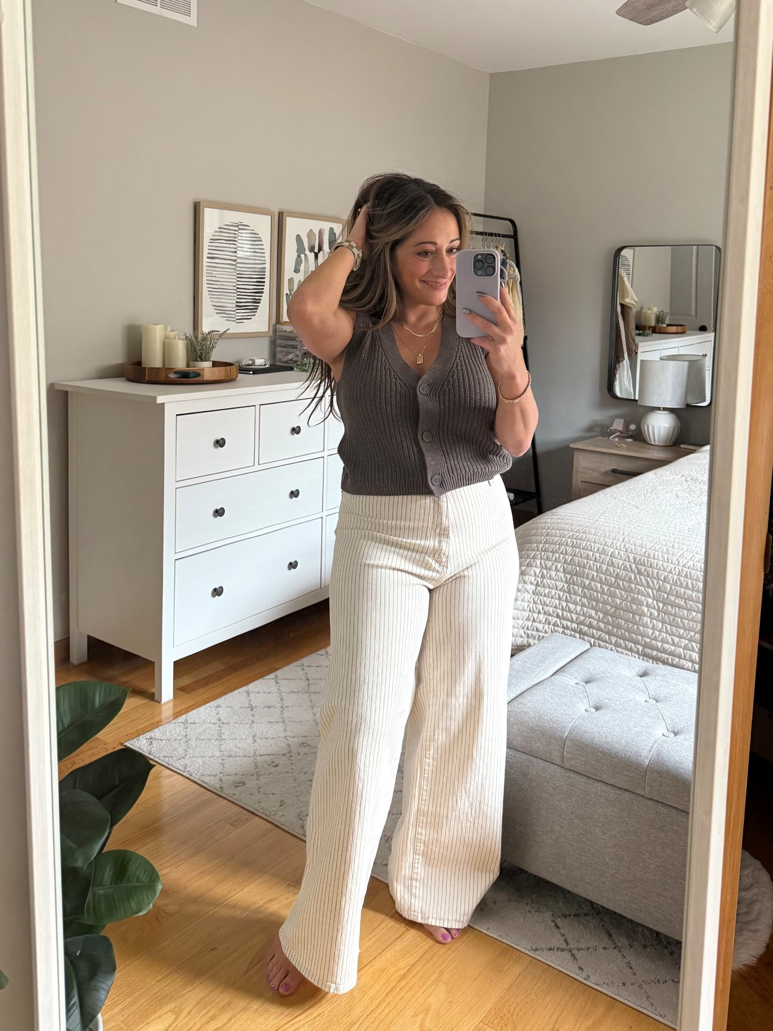 Just grabbed the sailor jeans from target for $14. lol 
Sized up one 
Obsessed with them paired with this gorgeous fall sweater vest. Perfect for that in between weather 🍂🍁

#LTKOver40 #LTKSaleAlert #LTKPetite