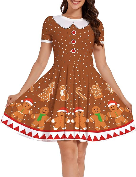 Ainuno Ugly Christmas Dress for Women Red Green Print Holiday Dresses for Xmas | Amazon (US)