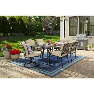 Hampton Bay Laurel Oaks 7-Piece Dark Brown Steel Outdoor Patio Dining Set with CushionGuard Putty... | The Home Depot