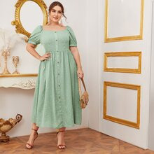 Plus Square Neck Puff Sleeve Confetti Heart Print Dress | SHEIN