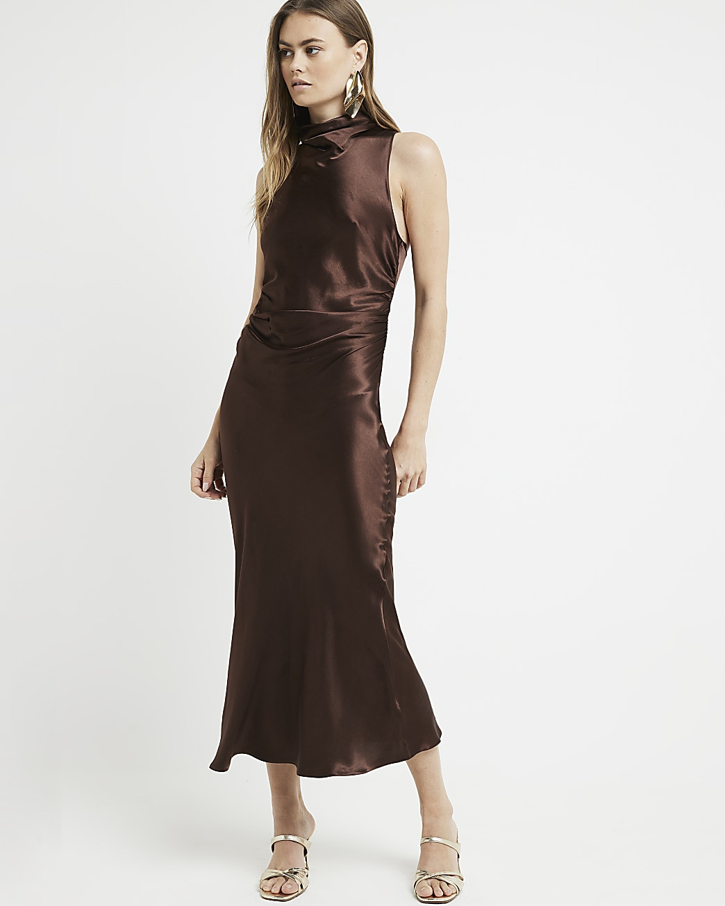 Brown satin halter cowl neck midi dress | River Island (UK & IE)