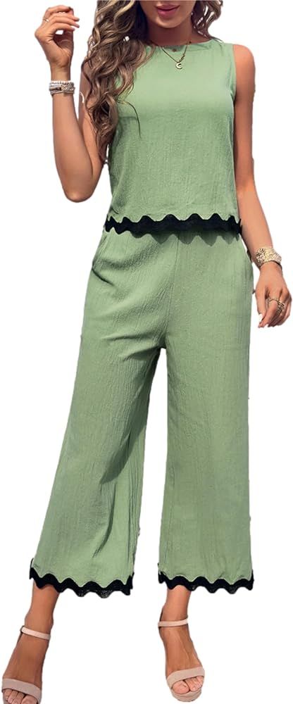 HangNiFang Womens Summer 2 Piece Outfits Sleeveless Cropped Tank Button Back Top Capri Wide Leg P... | Amazon (US)