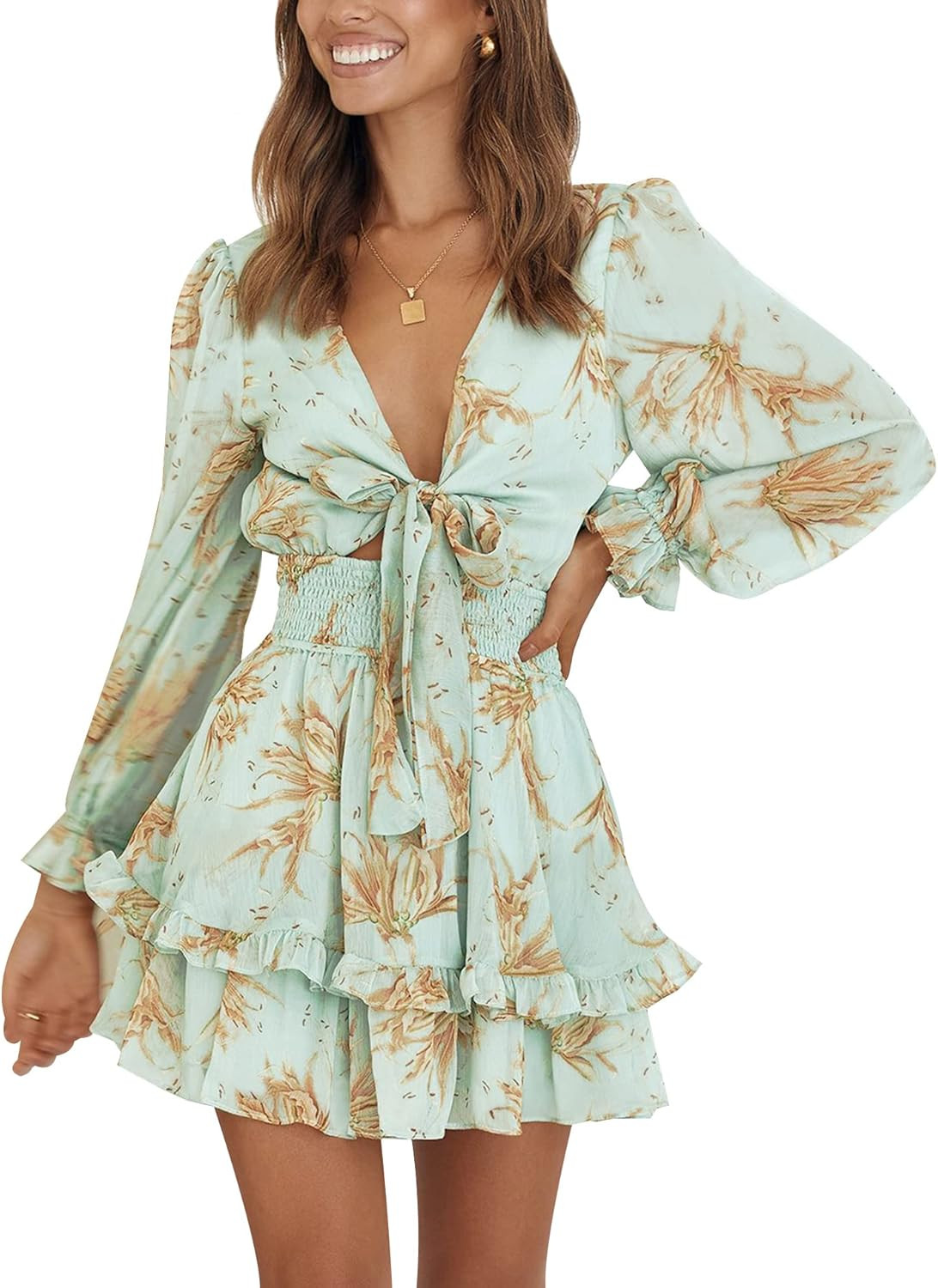 AIMCOO Women's Long Puff Sleeves Knot Front Short Dress Smocked Waist Solid Ruffle Mini Dresses V... | Amazon (US)