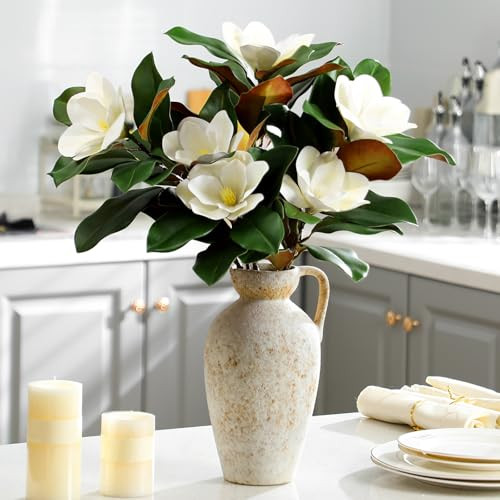 Thiccywoov 3 Pcs Artificial Magnolia Branches 25.6 Inches White Magnolia Leaves Stem Flowers Faux Greenery for Indoor Outdoor Home Bathroom Table Vase Farmhouse Wedding Decor | Amazon (US)