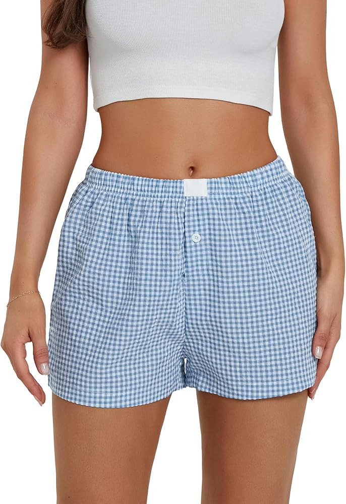 Y2k Plaid Shorts for Women Casual Elastic Waist Aesthetic Lounge Bottom Baggy Pajama Shorts Boxer... | Amazon (US)