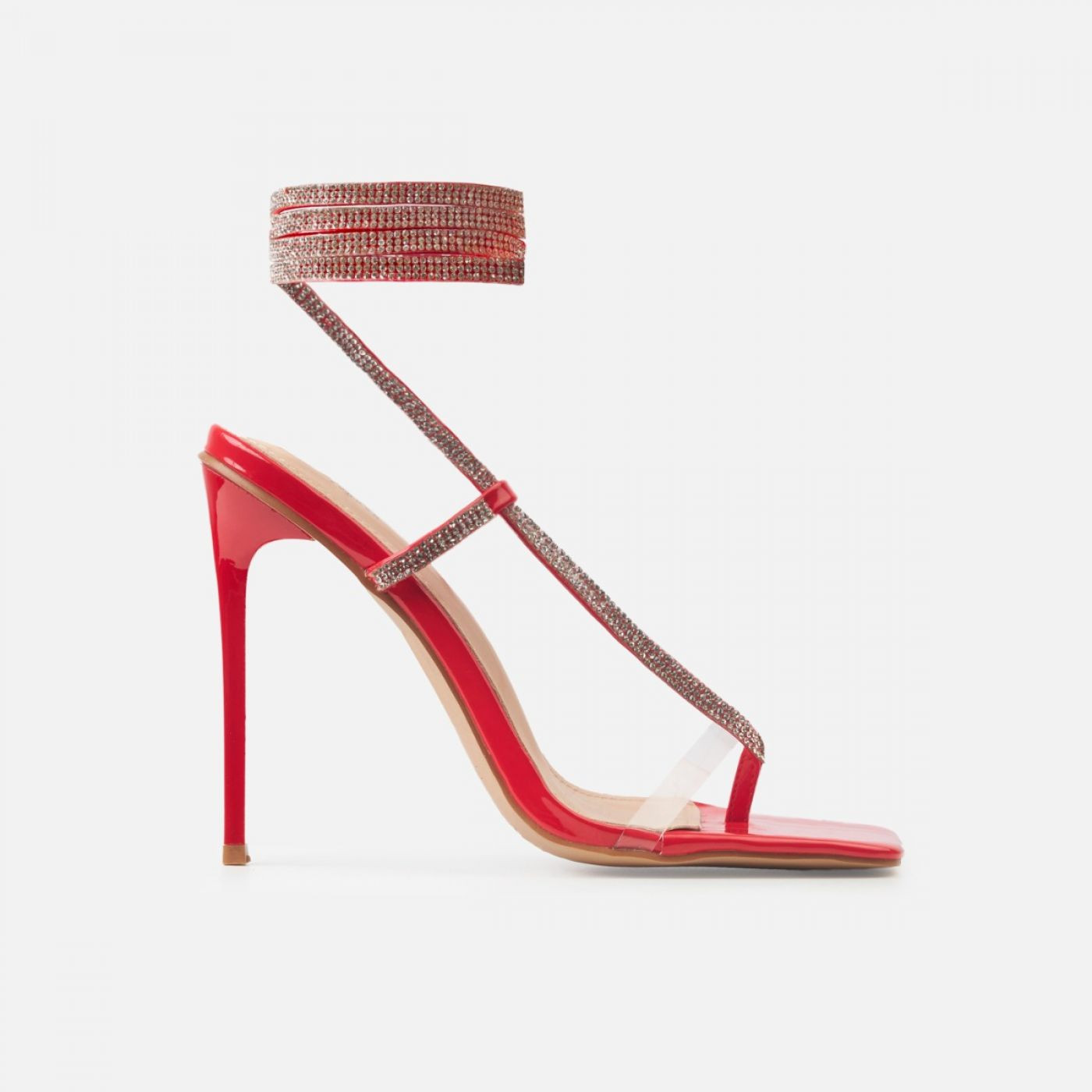 Scarlett Red Patent Diamante Lace Up Stiletto Heels | Simmi Shoes