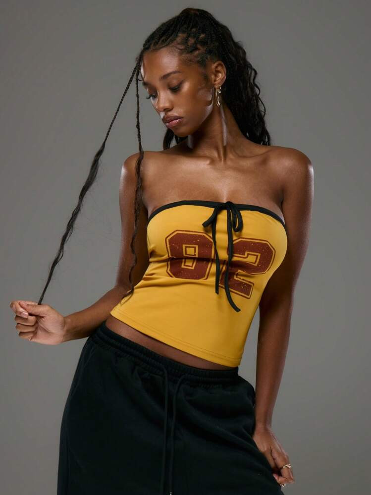 MUSERA Slogan Tie Front Bandeau Top Street Style Varsity Boho Club Sexy Tube Top Deconstructed Festival Ibiza Holiday Beach Rave Graphic Fall Back To School | SHEIN