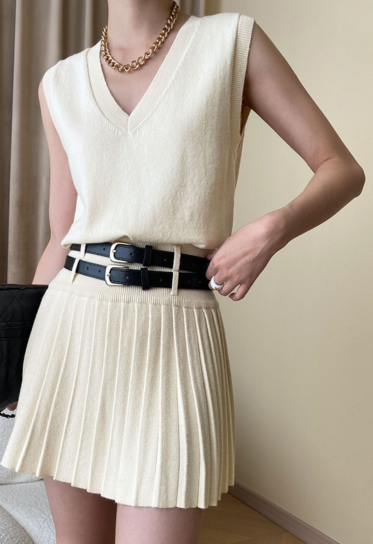 V-Neck Sleeveless Knit Top and Pleated Skirt Set in Cream | Chicwish