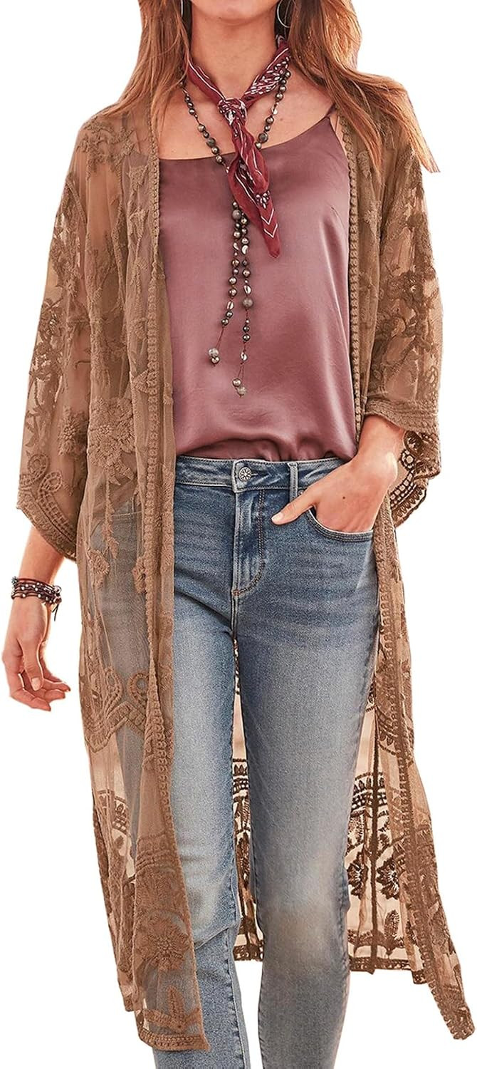 Women Flowy Cardigan Lace Crochet Swimwear Beach Cover Ups | Amazon (US)