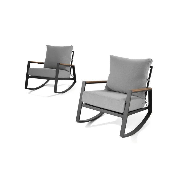 Better Homes & Gardens Marlow Outdoor 2pk Patio Rocking Chairs, Black Frame/Gray Cushion | Walmart (US)