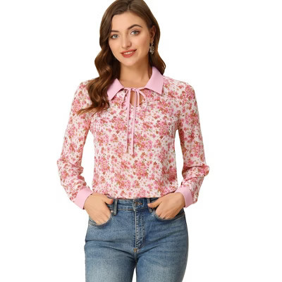 INSPIRE CHIC Women's Tie Neck Long Sleeve Sheer Top White Pink Medium | Target
