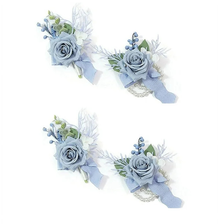 4PCS Dusty Blue Corsage and Boutonniere Set, Prom Artificial Flower Wrist Bracelets | Walmart (US)