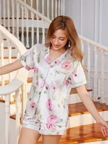 CottageSlumber Floral Print Silk-Like Collar Short Sleeve Top & Shorts Women Pajama Set, Cozy And... | SHEIN