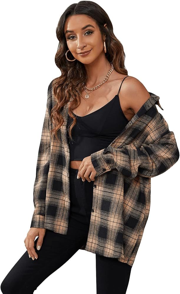 SweatyRocks Women's Plaid Button Front Long Sleeve High Low Shirt Blouse Top | Amazon (US)