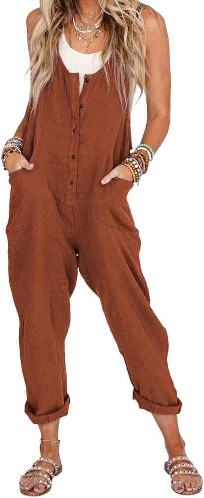 Zhiyouni Women's Loose V Neck Sleeveless Jumpsuits Adjustable Straps Long Pants Overalls with Poc... | Amazon (US)