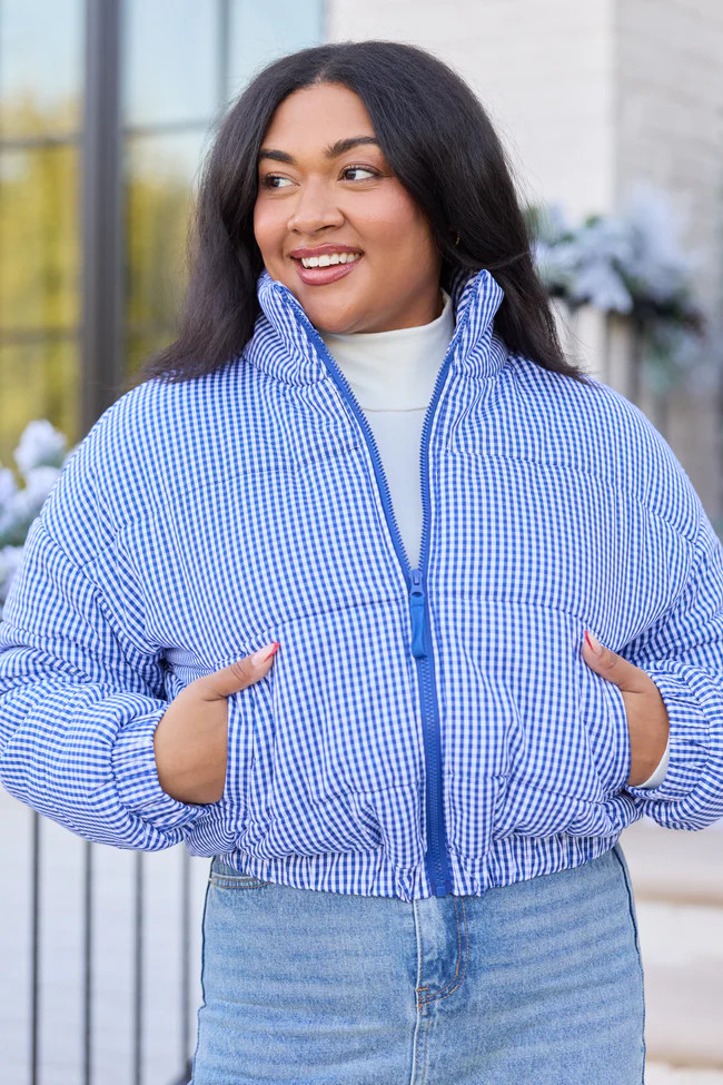 Paloma Navy Blue Gingham Zip Up Puffer Jacket | Pink Lily